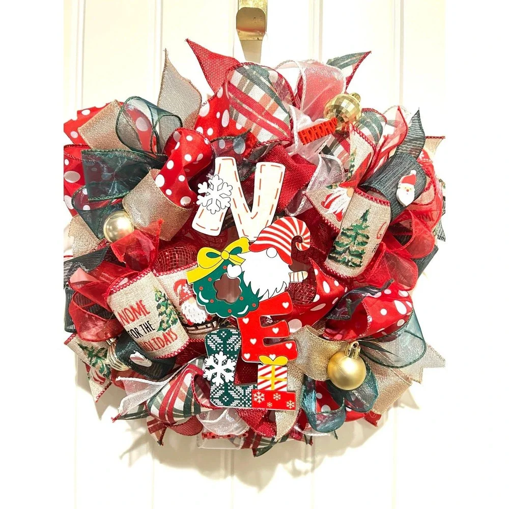 Handmade 13 inch Christmas NOEL Gnome Ribbon Wreath MW3